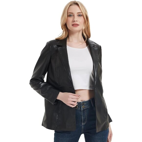 🆕 Women Black Faux Leather Blazer Jackets Spring Fashion Vegan Button Down Coat - Picture 3 of 6